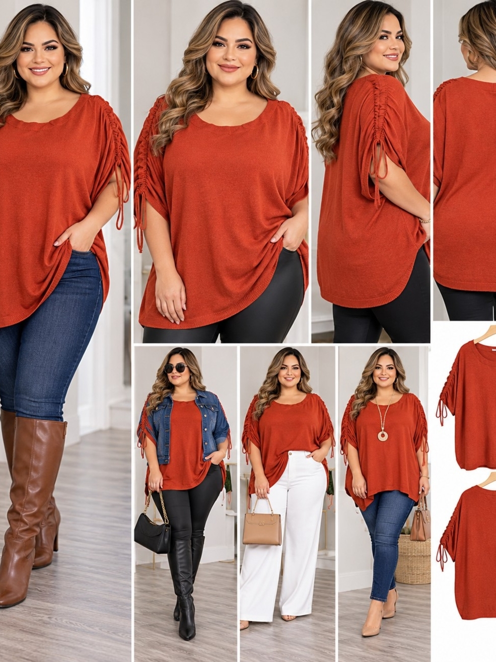 Max Studio Plus Ruched Short Sleeve Top in Rust Orange